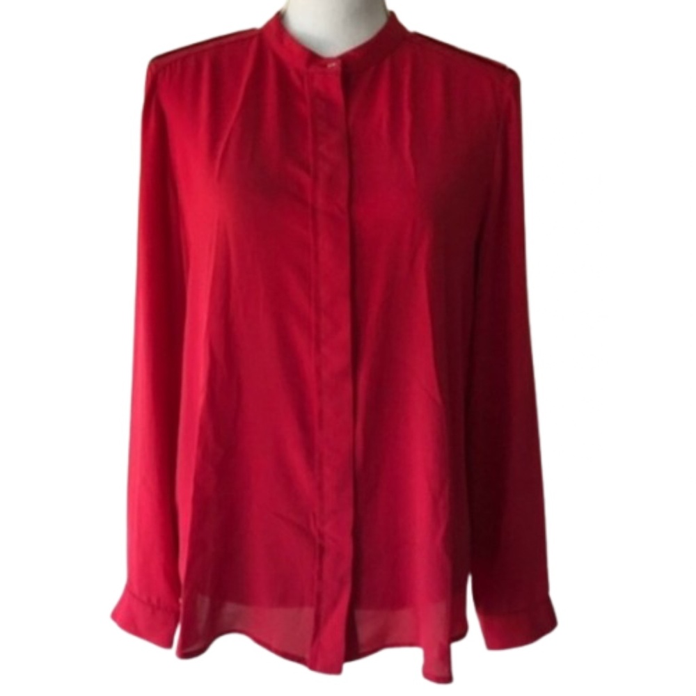 Mango Collarless Button Down Shirt Long Sleeve Red - image 2